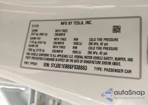 2025 Tesla Model 3 Long Range All-Wheel Drive from USA, damaged, VIN 5YJ3E1EB6SF938863